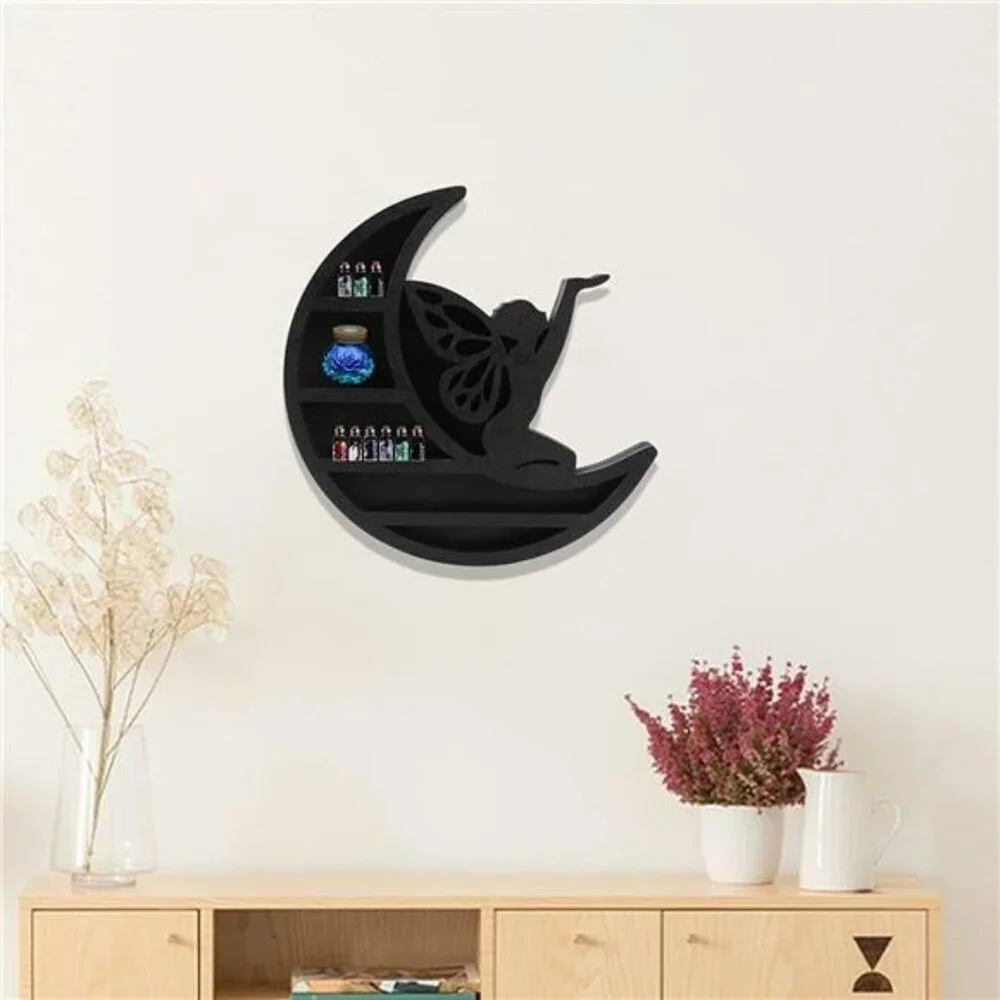 Wall Mounted Moon Shelf Crystal Display Stand Floating Wood Shelf Room Decor